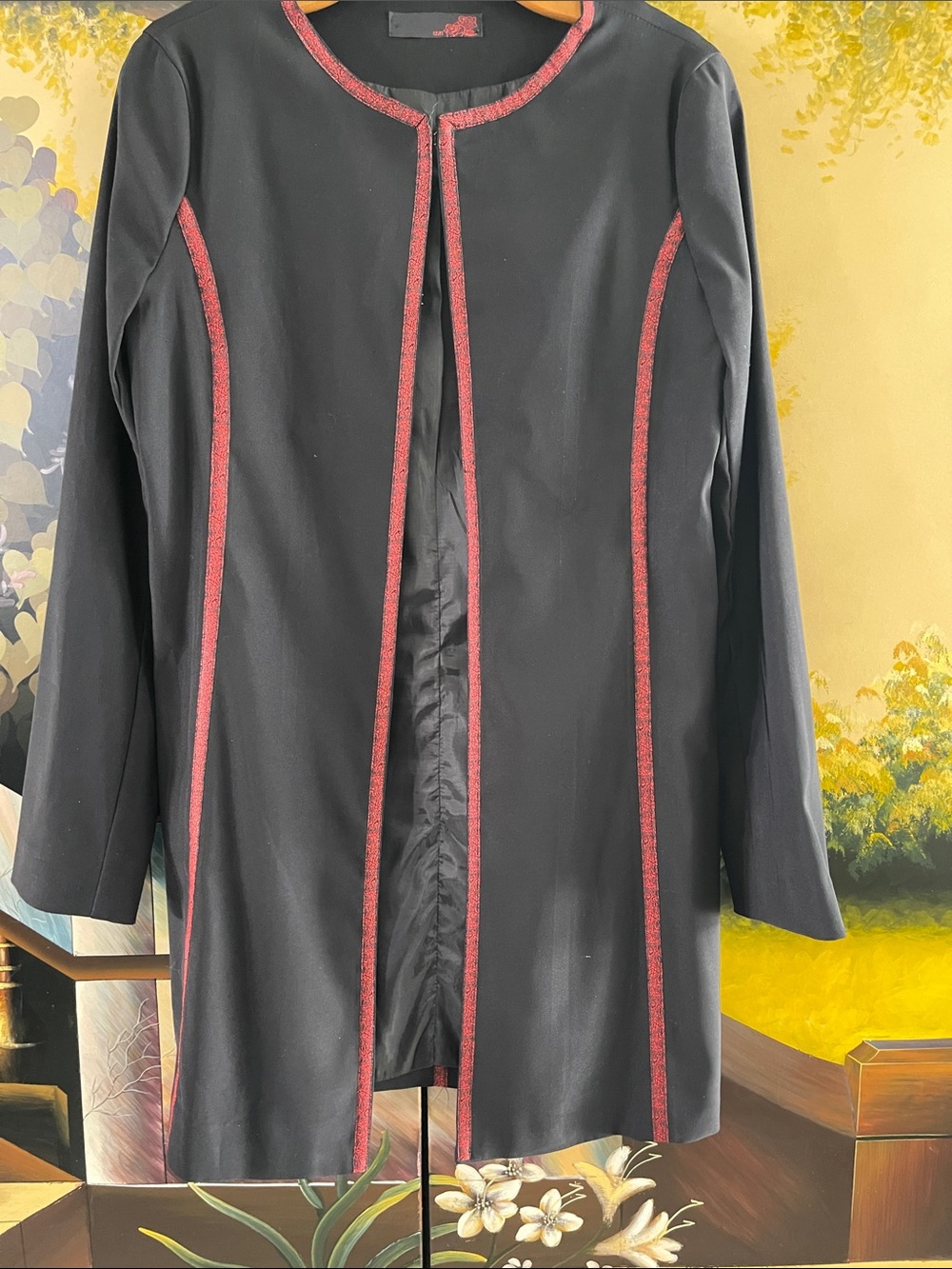 Black Longline Blazer with Red Trim - Women's Open Front Coat
